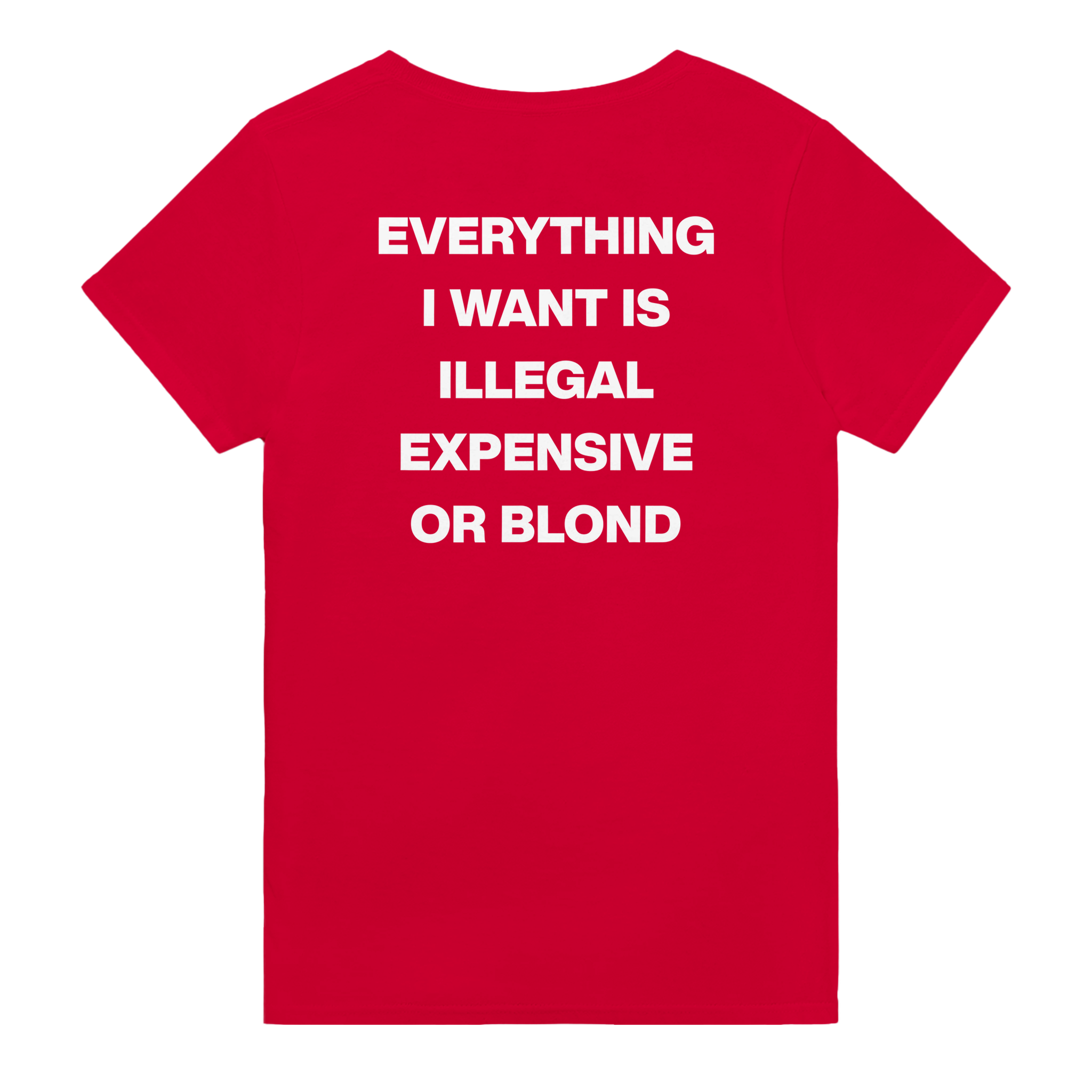 Everything i want is illegal expensive or blond – morsom t-skjorte med backprint fra Køddeklær
