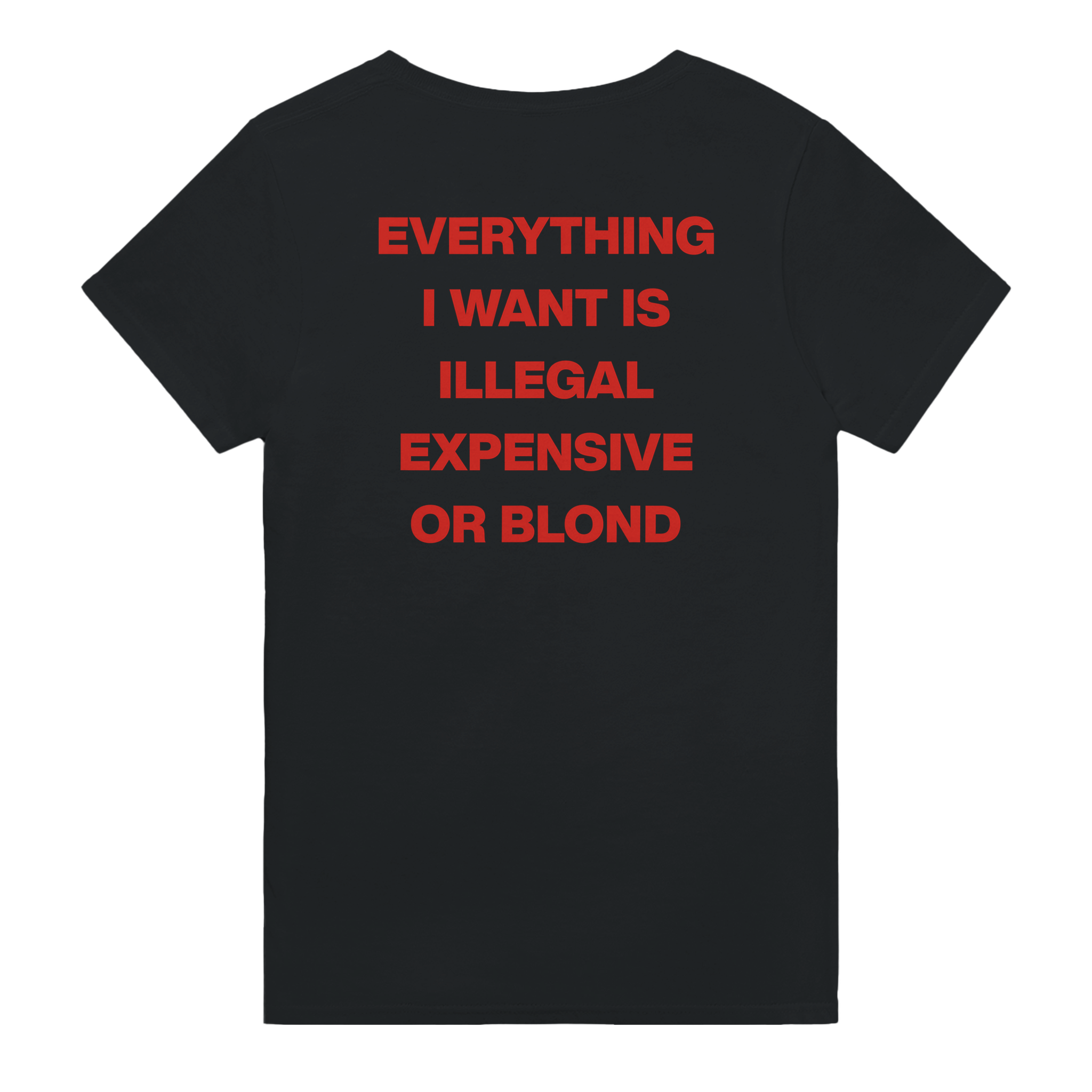 Everything i want is illegal expensive or blond – morsom t-skjorte med backprint fra Køddeklær