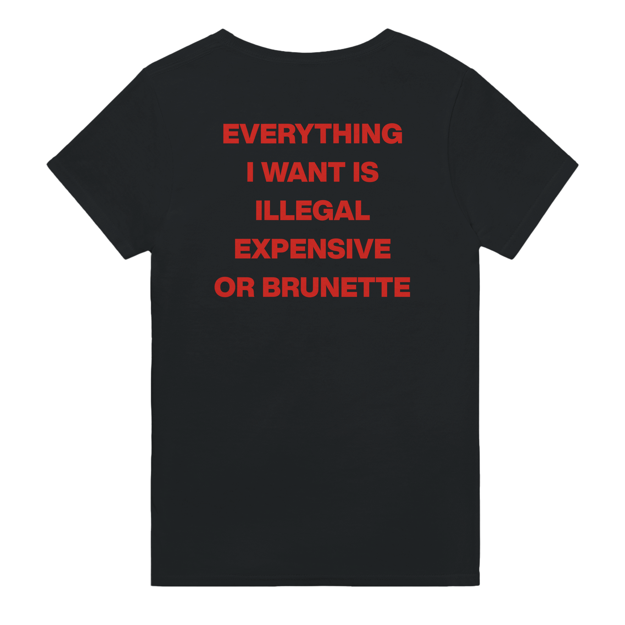Everything i want is illegal expensive or brunette – morsom t-skjorte med backprint fra Køddeklær