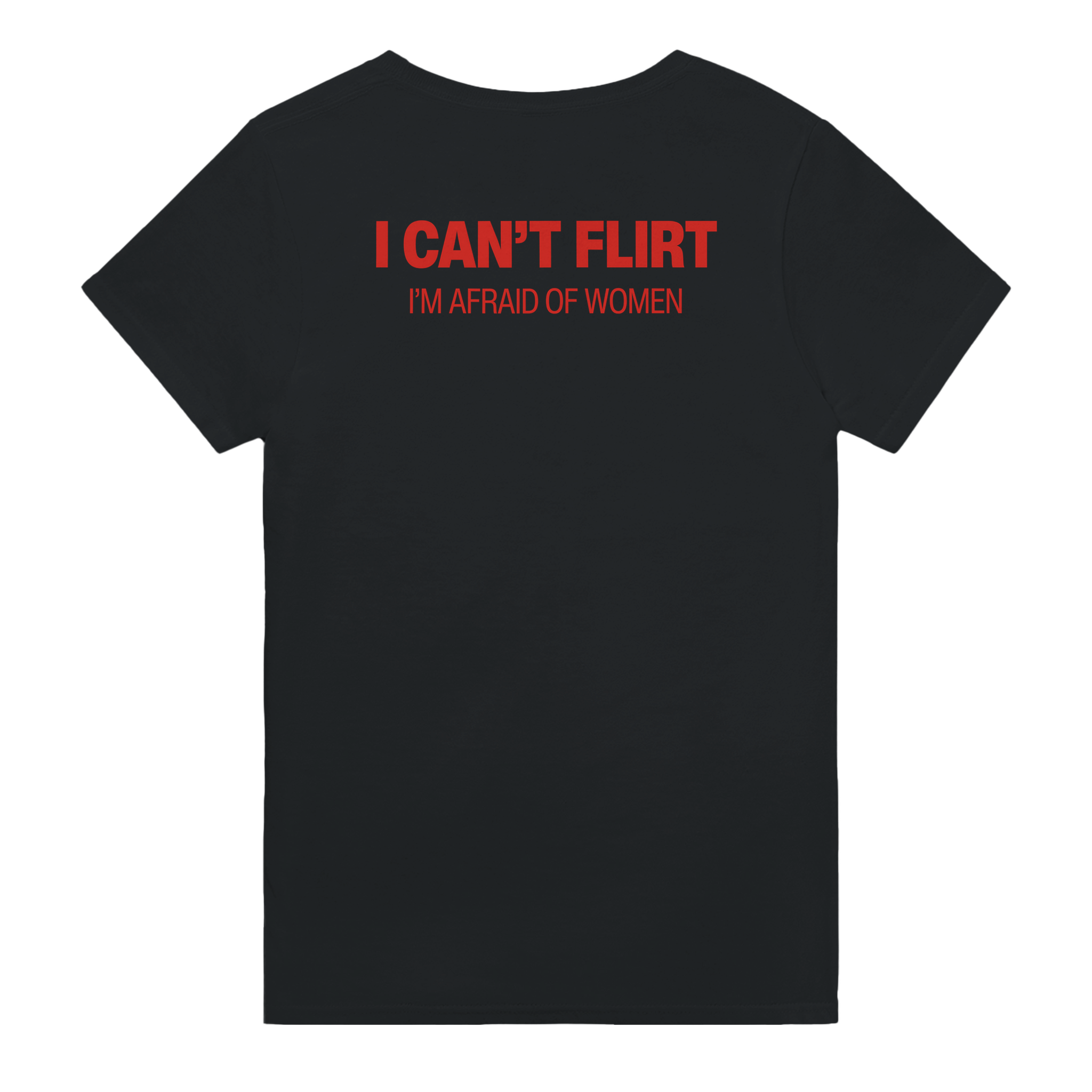 I can't flirt i'm afraid of women – morsom t-skjorte med backprint fra Køddeklær