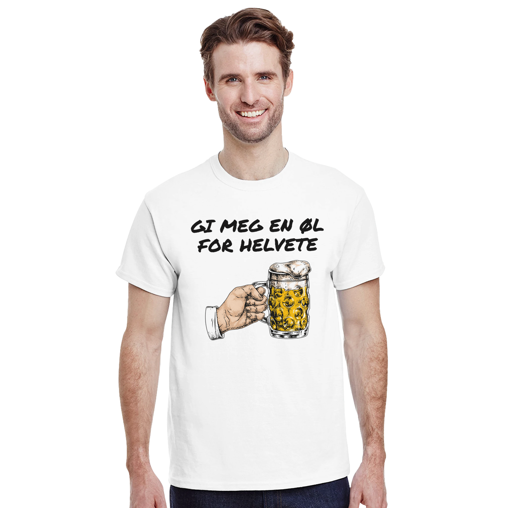 Gi meg en øl for helvete – morsom t-skjorte med norsk humor fra Køddeklær