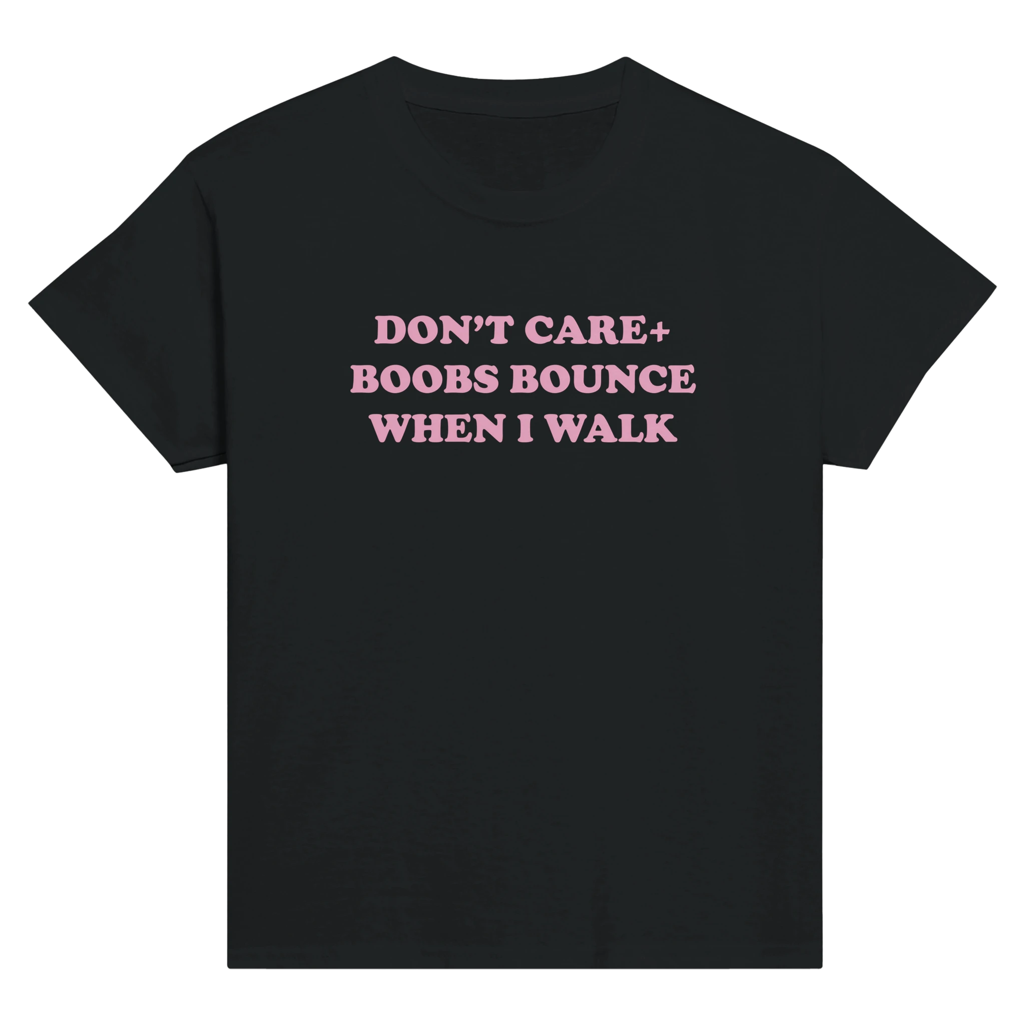 Don't care + boobs bounce when i walk – morsom baby tee fra Køddeklær