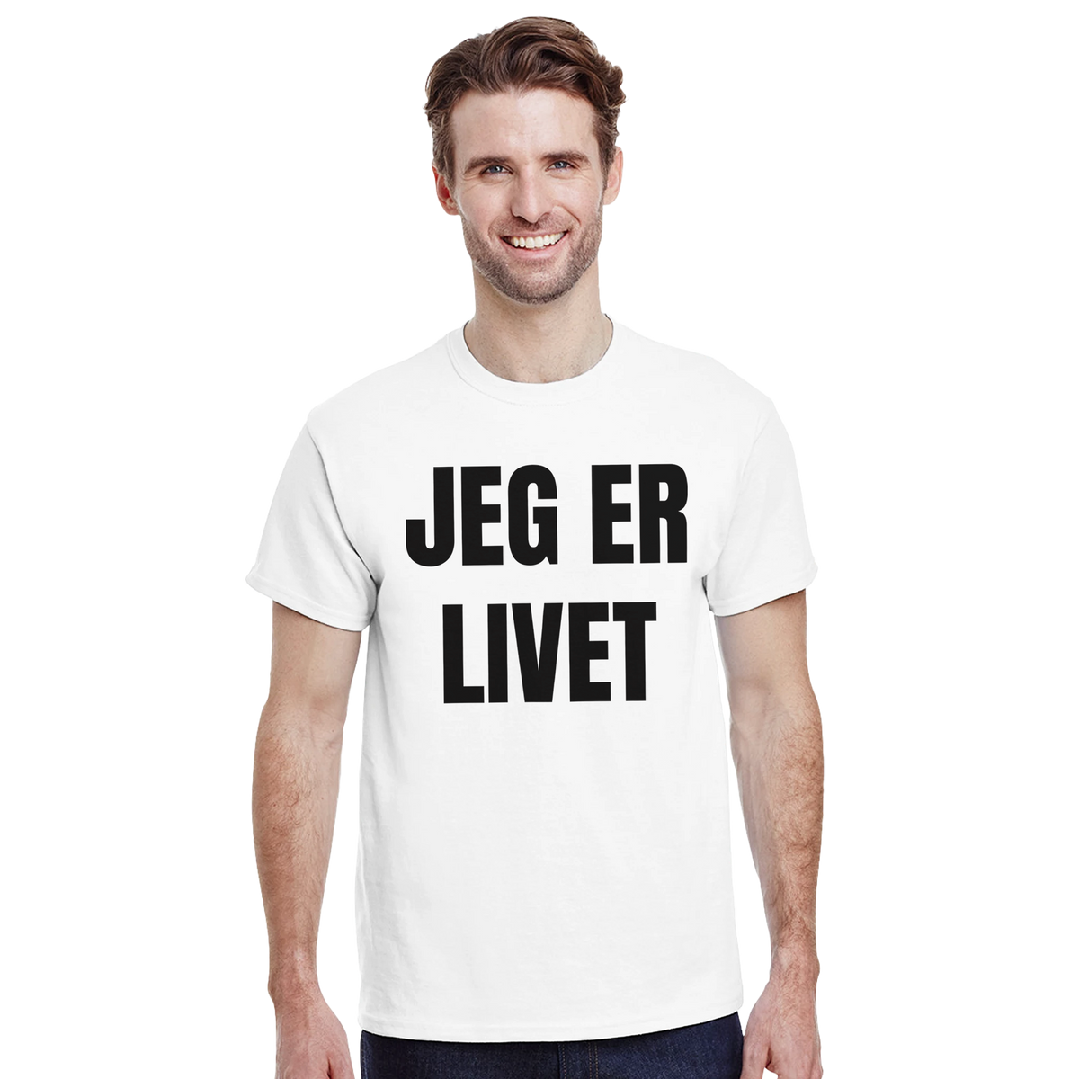 Jeg er livet – morsom t-skjorte med norsk humor fra Køddeklær
