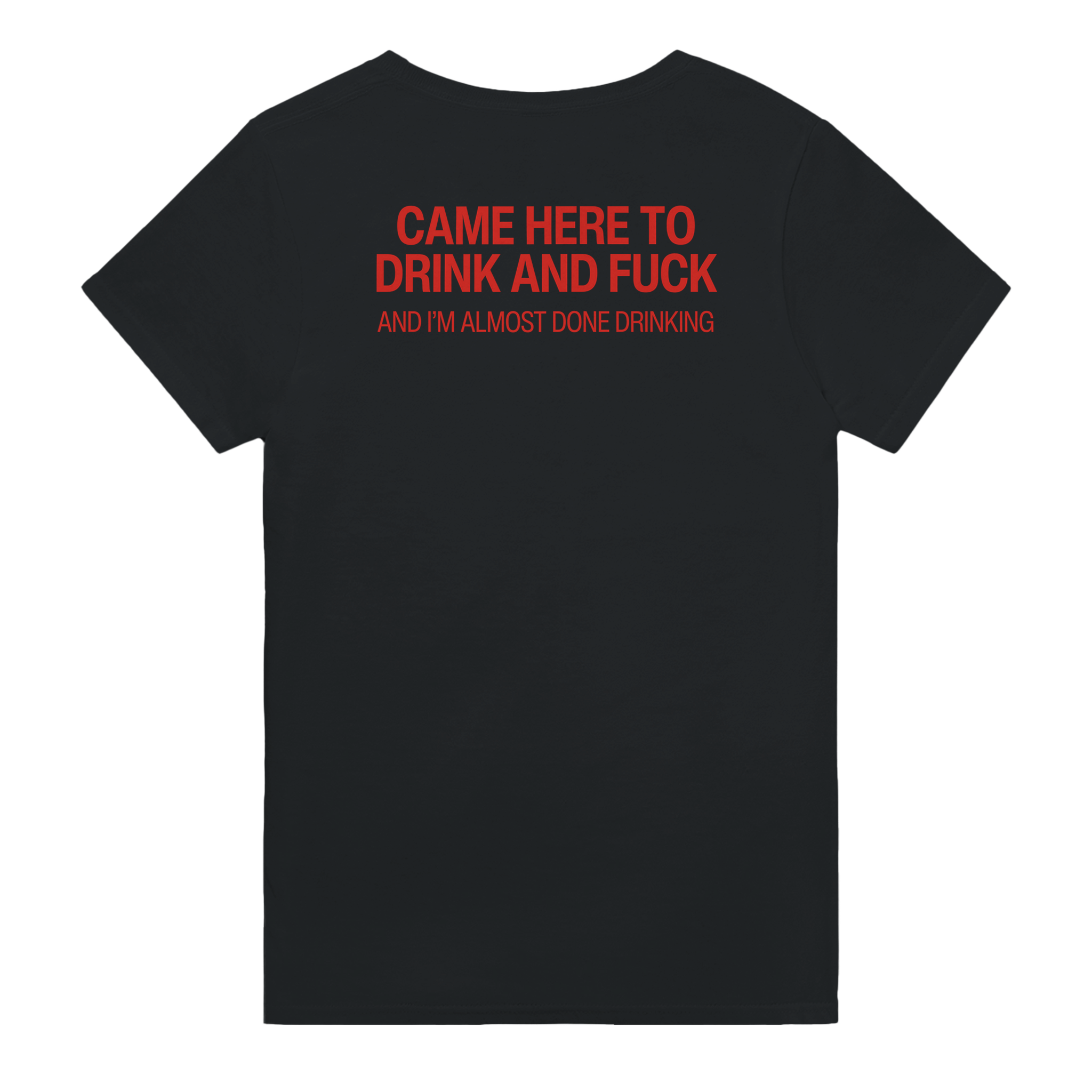 Came here to drink and fuck and i'm almost done drinking – morsom t-skjorte med backprint fra Køddeklær