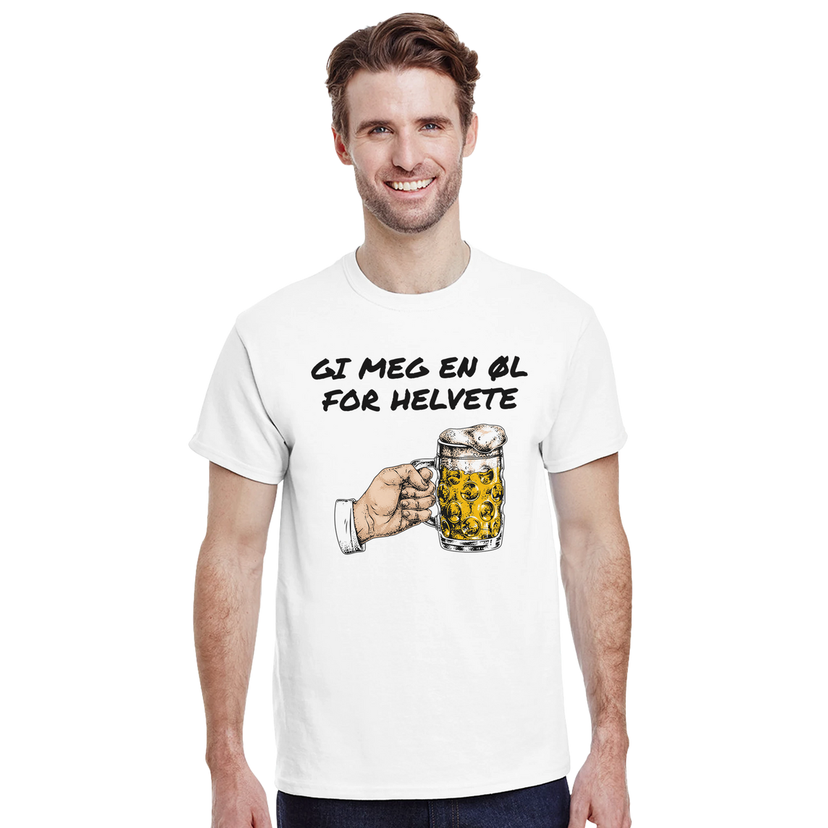 Gi meg en øl for helvete – morsom t-skjorte med norsk humor fra Køddeklær
