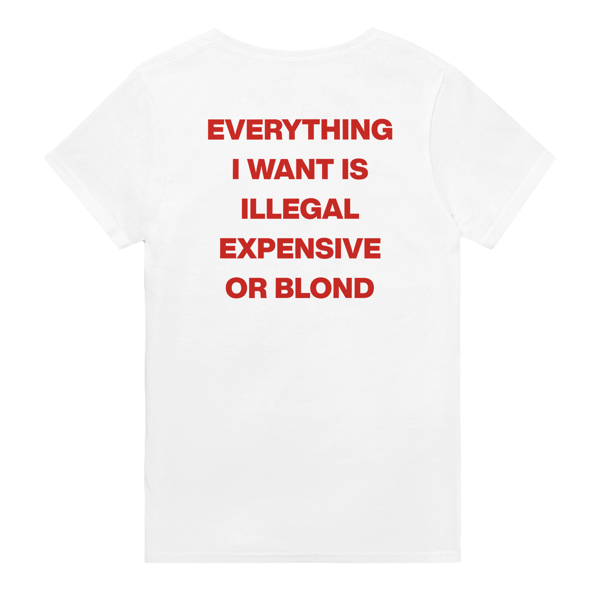 Everything i want is illegal expensive or blond – morsom t-skjorte med backprint fra Køddeklær