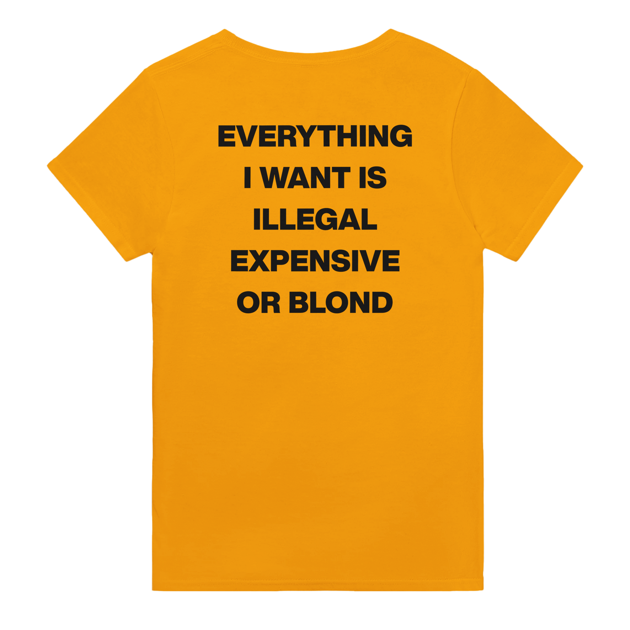 Everything i want is illegal expensive or blond – morsom t-skjorte med backprint fra Køddeklær