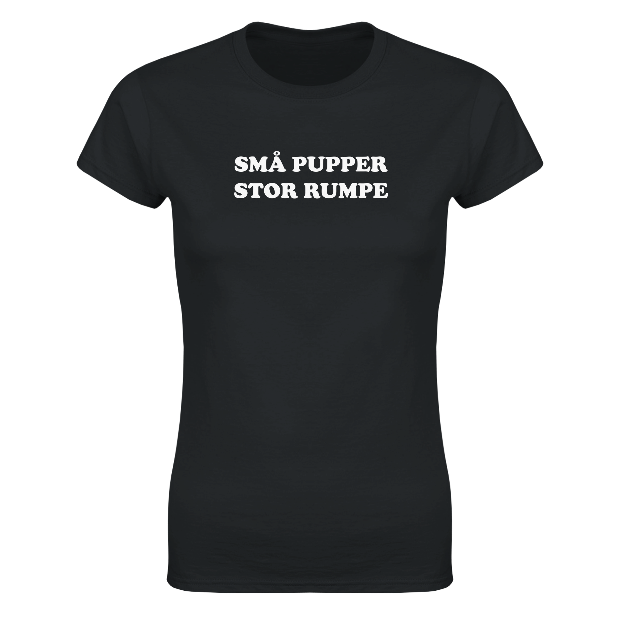 Små pupper stor rumpe – morsom dame-t-skjorte fra Køddeklær